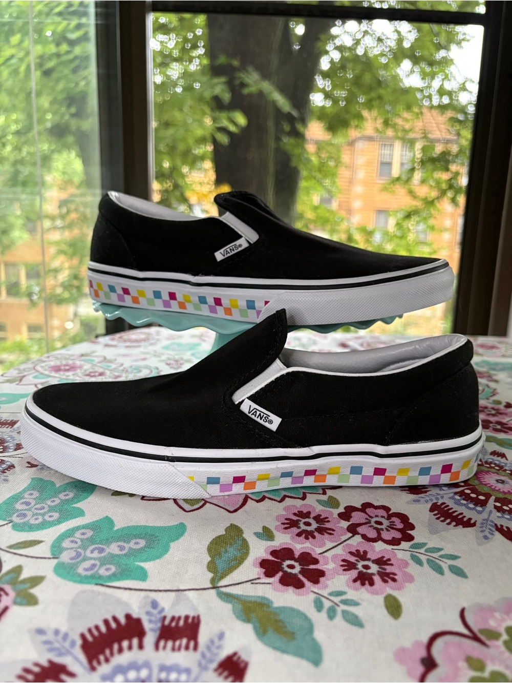 NWOT Vans Black Slip-On Sneakers with Colorful Checkered Trim